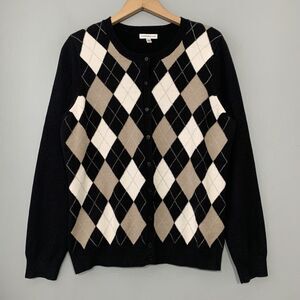 Croft & Barrow Size M Black Argyle Cardigan Sweater Dark Academia Preppy Career